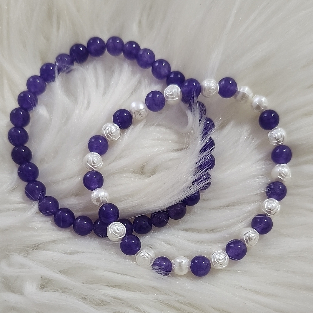 Purple and White Amethyst Natural Stone Beaded Bracelet Set